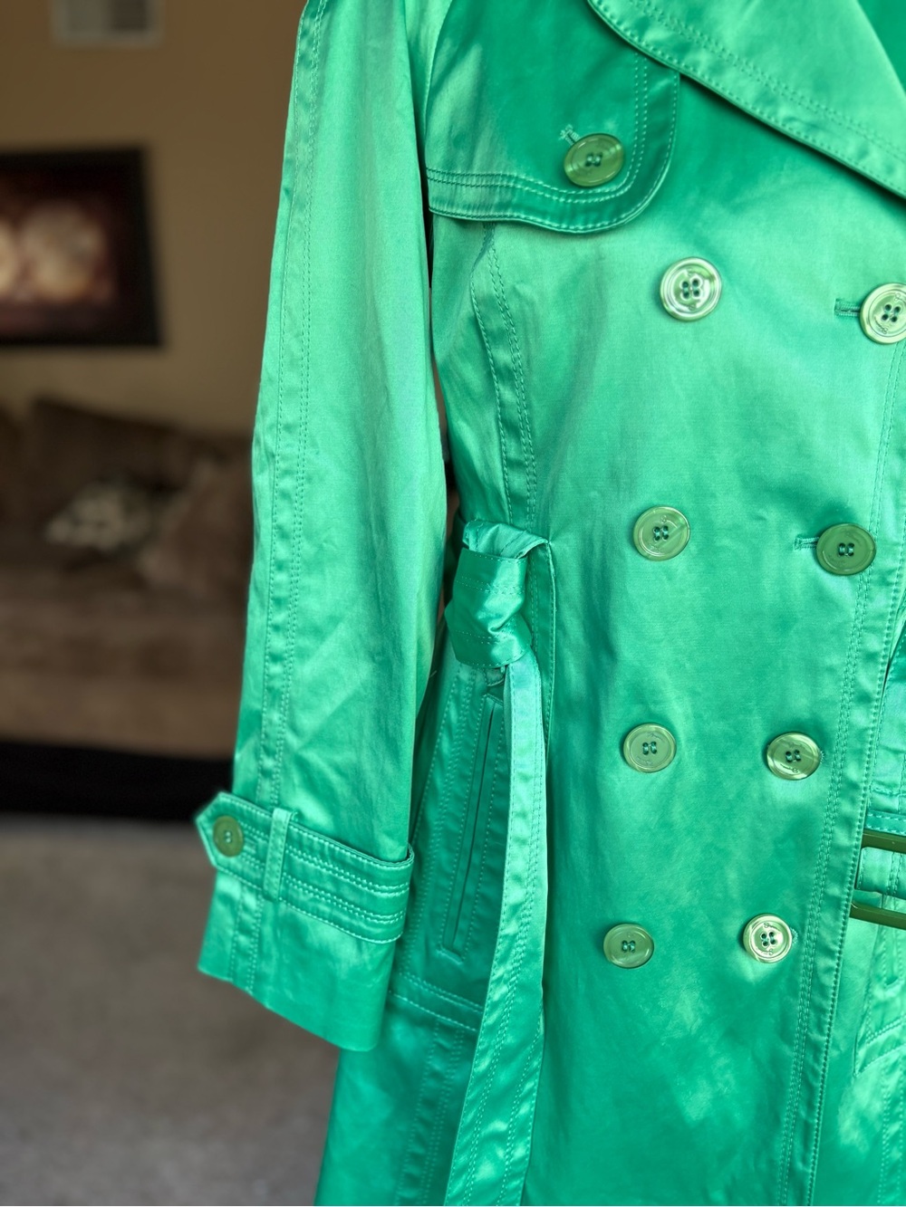 Jessica Simpson Green Satin Double-Breasted Trench Coat with Belt - Picture 4 of 15